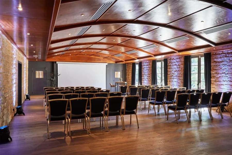 Journée d'étude entreprise - salle plénière pierre apparente château Montvillargenne